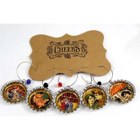 Comic Book Romance Retro Pulp Fiction Wine or Beer Charms Bottle Cap Drink Charms Girls Night Out Happy Hour Glass Charms Party Favor thumb