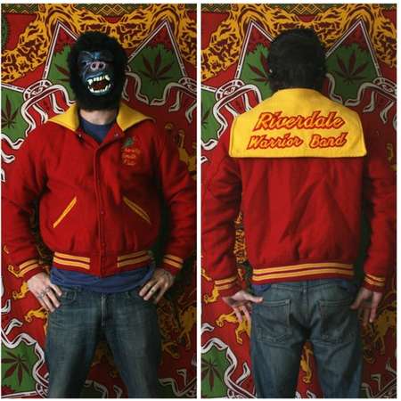 Vintage Varsity Jacket. Riverdale Warrior Band Bright Red And Yellow Varsity Jacket. Name and Rose Embroidered On The Breast. thumb