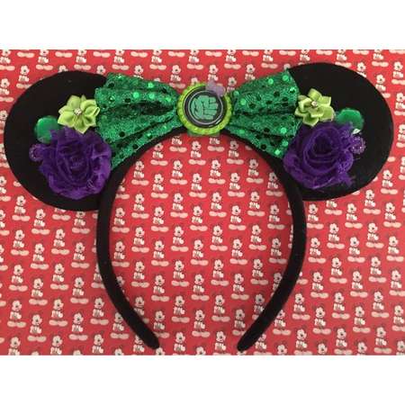Custom Disney The Incredible Hulk Bruce Banner Super Heros Marathon Sparkle floral Mouse Ears costume headband great Birthday Party Gift Fav thumb