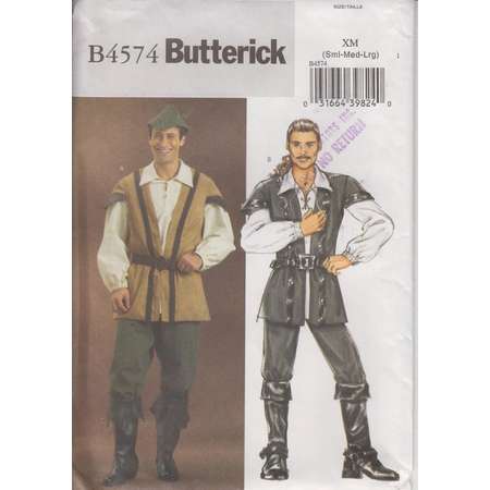 Men's Historical Costume Sewing Pattern Robin Hood Vest, Laced Shirt, Pants, Hat Vintage 90s Size S-Lg Chest 34-44" Butterick 4574 S thumb
