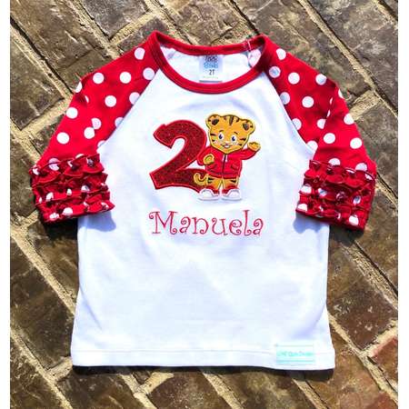 Girls or Boys Daniel Tiger Appliquéd Ruffled Shirt, Raglan shirt or Onesie with Embroidered Monogram or Name and Birthday Number thumb