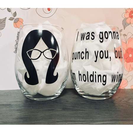 Double Sided Linda Belcher Wine Glass, I was gonna punch you but I'm holding wine, Bob's Burgers Gift, Bob Tina Gene Louise Belcher Funny thumb