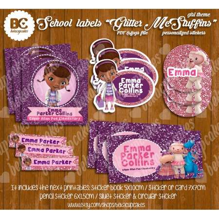 Back to School Labels Personalized book labels, "Doc McStuffins" glitter, printable, kids name, pony glitter PDF and jpg file to print girl thumb