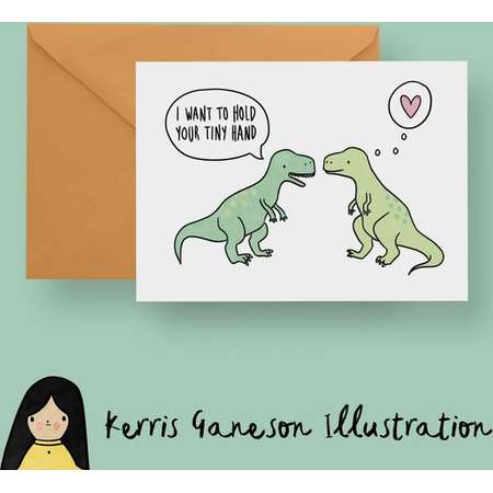 I Want To Hold Your Tiny Hand Card, T-Rex Valentines Card - Hand Illustrated Card, T-Rex Card, Funny T-Rex, Dinosaur Card, Jurassic Park thumb