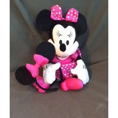 VALENTINE Plush, MUSICAL MINNIE Mouse..Press button for lovely Music She moves.Pink Satin Dress & Bow with hearts, Added Great Pretend Ears thumb