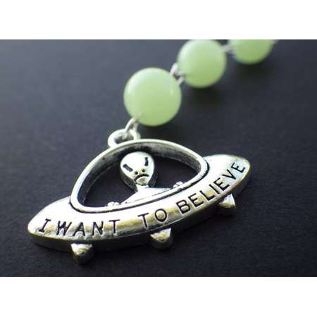 Alien- Spaceship- UFO- X-Files- "I Want To Believe"- Glow in the Dark- Rear View Mirror Charm- Sun Catcher- Car Accessory- Window Ornament thumb