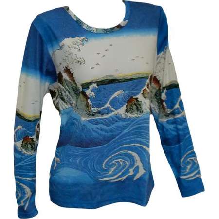 Utagawa Hiroshige View of the Naruto Whirlpools at Awa Handmade Long Sleeve T-shirt Top Vintage Asian Iconic Fine Art Print M L XL thumb