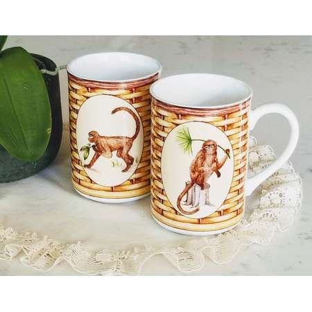 Set of 2, American Atelier Monkey mugs, 5029, Porcelain, Vintage Mugs, Coffee mugs, curious George, oven dishwasher microwave safe thumb