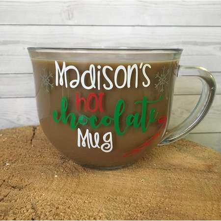 Hot Chocolate 18 oz Custom Christmas Gift Glass Mug. Kid gift, Hot Coco Mug, Childrens Mug thumb