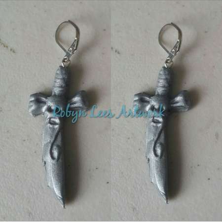 Handmade Polymer Clay Devil's Tongue Sword Earrings Pair of Silver Leverback, Costume Replica Ares God of War. Xena & Hercules thumb