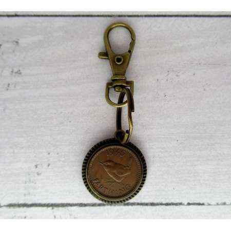 Outlander Themed 1945 British Farthing Antiqued Bronze Keyfob with Bird Motif thumb