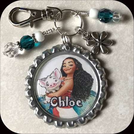 MOANA Personalized Name Bottle Cap Pendant with Clip or Beads Charm. Jewelry for Necklace, Zipper Pull, School Backpack id Tag thumb