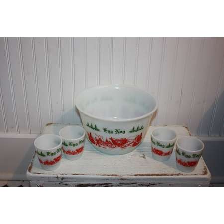 Vintage Tom and Jerry Milkglass Christmas  Punch Bowl and Mug Set, Egg Nog, Anchor Hocking, Red Green and White thumb