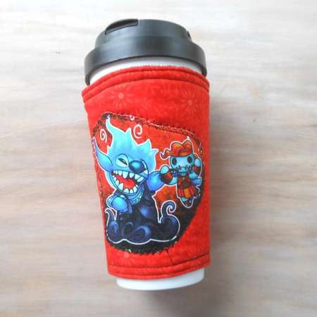 Iced Coffee cozy, Hades and Hercules, Stitch and Scrump, Hero Drink Sleeve, Disney Mashup Insulated hot or cold beverage holder thumb