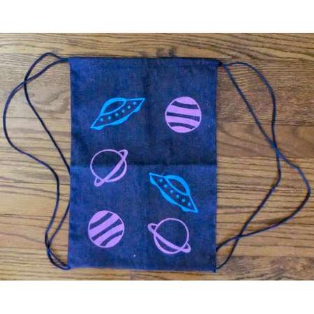 Out of This World Alien Spaceship and Planet Double Sided Denim Drawstring Backpack thumb
