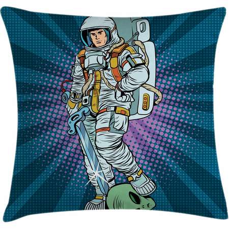 Astronaut Throw Pillow Cushion Cover, Galaxy Warrior with Sword and Severed Alien Head Masculine Space Era Fighters, Decorative Square Accent Pillow Case, 16 X 16 Inches, Teal Coconut, by Ambesonne thumb