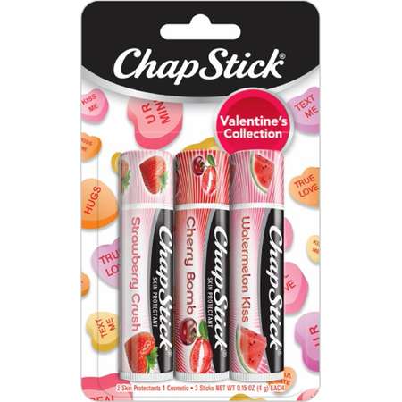 ChapStick Valentine's Day Collection Flavored Lip Balm, 0.15 Ounce Each (Cherry Bomb, Watermelon Kiss, Strawberry Crush) (1 Blister Pack of 3 Sticks) thumb