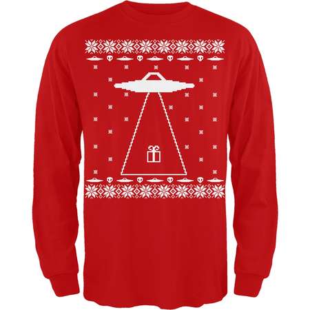 Alien Abduction Ugly Christmas Sweater Red Adult Long Sleeve T-Shirt thumb