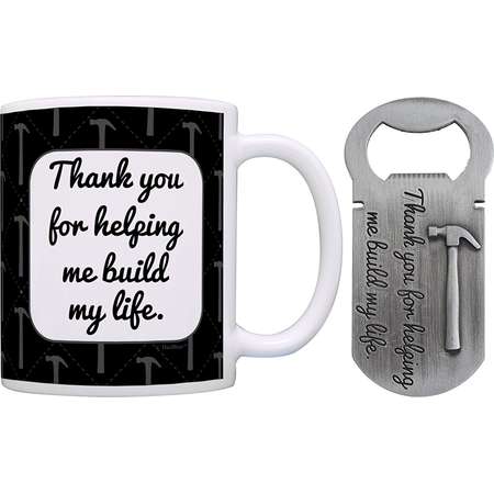 Christmas Gifts for Dad Grandpa Uncle Thank You for Helping Me Build My Life Gift Coffee Mug & Pewter Magnetic Bottle Opener Bundle thumb