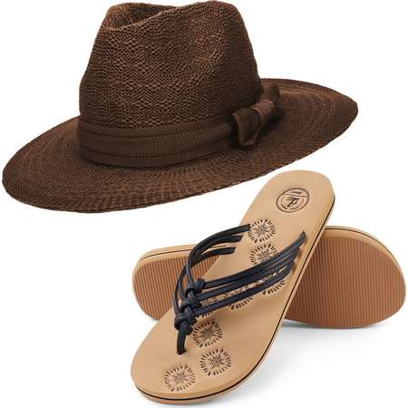 Coco Keys Women's Year Round Floppy Straw Sun Hat and Foam Flip Flop Sandals Set US Women's Shoe Sizes 7-10 thumb