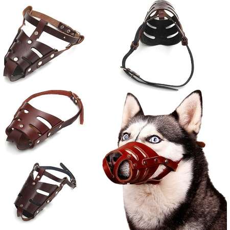 Leather Adjustable Pet Dog Breathable Mesh Muzzle Mouth Mask Anti Bark Chewing Barking For Pet Dog S M L thumb