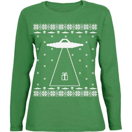 Alien Abduction Ugly XMAS Sweater Green Womens Long Sleeve T-Shirt thumb