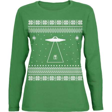 Alien Beam Ugly XMAS Sweater Green Womens Long Sleeve T-Shirt thumb