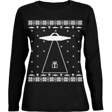 Alien Abduction Ugly XMAS Sweater Black Womens Long Sleeve T-Shirt thumb