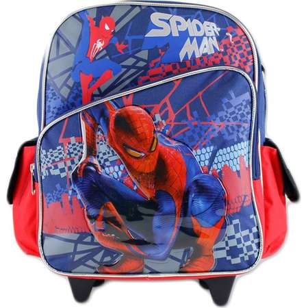 12' Spiderman slanted front pocket navy and red theme rolling Backpack by S Shop thumb