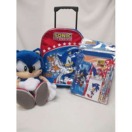 Sonic The Hedgehog Large 16" Rolling Backpack Roller Wheeled Book Bag & 11 Piece Stationery Portfolios Notebook Pencil Pouch Set thumb