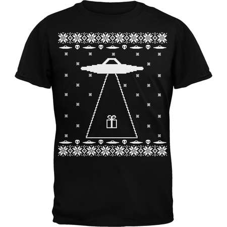 Alien Abduction Ugly Christmas Sweater Black Adult T-Shirt thumb
