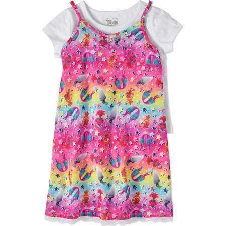 Trolls Girls' Rainbow Lace Trim Slip Dress with T-Shirt 2-Piece Set thumb