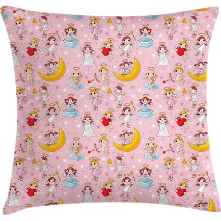 Angel Throw Pillow Cushion Cover, Fairies Playing Music Halo Cheerful Supernatural Creatures Nursery Theme, Decorative Square Accent Pillow Case, 18 X 18 Inches, Earth Yellow Pale Pink, by Ambesonne thumb