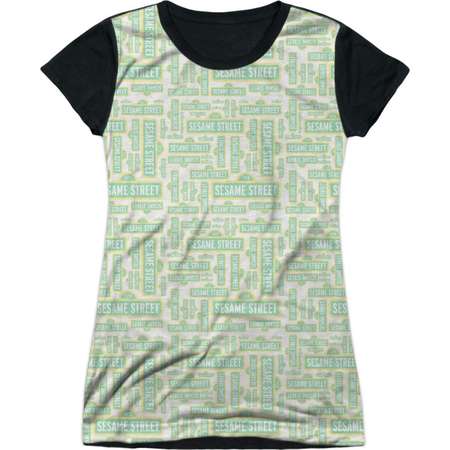 Sesame Street Classic TV Show Logo Puzzle Pattern Juniors Black Back T-Shirt Tee thumb