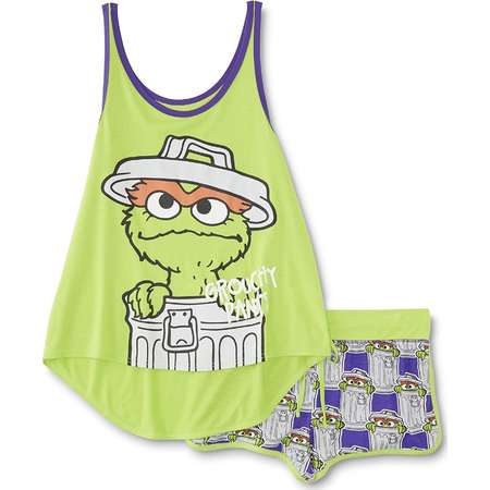 Sesame Street "Grouchy Pants" Oscar the Grouch Women's Junior Fit Sleep Tank/Short Pajama Set (Small) thumb