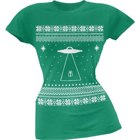 Alien Beam Ugly Christmas Sweater Green Juniors T-Shirt thumb