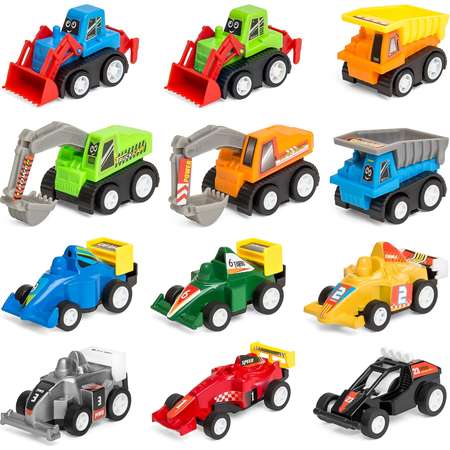 Best Choice Products Set of 12 Assorted Pull-Back Toy Cars w/ Construction Trucks, Race Cars thumb