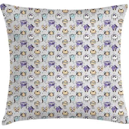 Alien Throw Pillow Cushion Cover, Cute Lovely Monsters Hand Drawn Extra Terrestrial Beings with Stars and Dots Backdrop, Decorative Square Accent Pillow Case, 24 X 24 Inches, Multicolor, by Ambesonne thumb