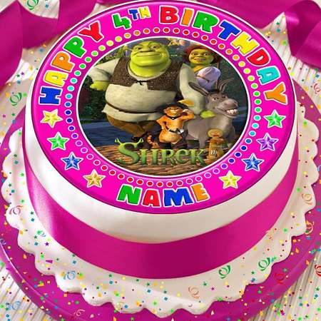 shrek fiona donkey personalised with your age and name precut edible cake topper icing sheet decoration 7.5 inch round thumb