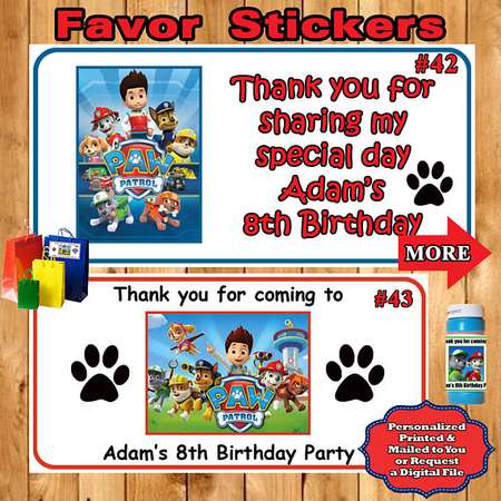Paw Patrol Birthday Favor Stickers 1 Sheet Water Bottle Favor Bag/Box Labels Food Labels Candy Labels Personalized Custom thumb