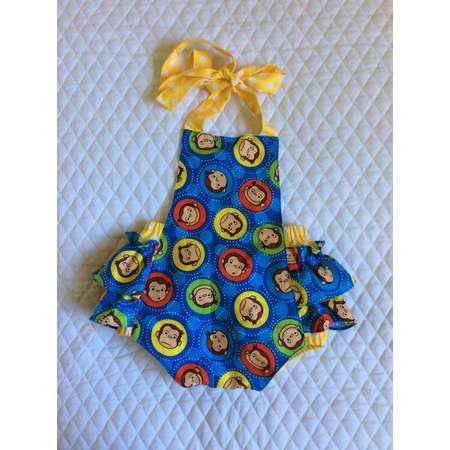 Baby girl Curious george ruffle romper,birthday outfit ,spring sunsuit 12 months thumb