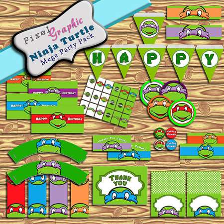 Sale!! Ninja Turtle Printable Party Kit downloadable Water bottle label, Napkin RIngs, Banner, Favor Toppers, Candy Wrappers, Thank you card thumb