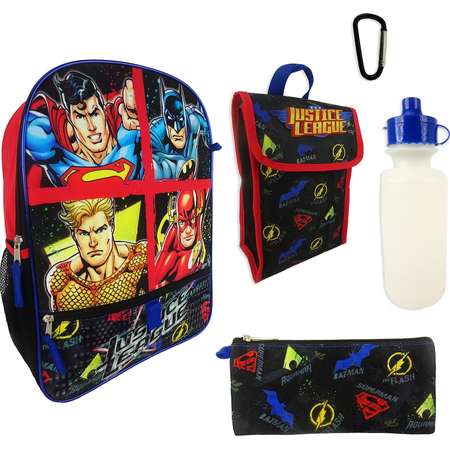 Kids DC Comics Justice League Superman, Batman, Aquaman & The Flash Backpack, Lunchbox, Pencil Case, Water Bottle & Carabiner Set thumb